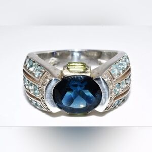 7.30CT NATURAL TOPAZ, PERIDOT & AQUAMARINE COCKTAIL SILVER RING SIZE 9.25